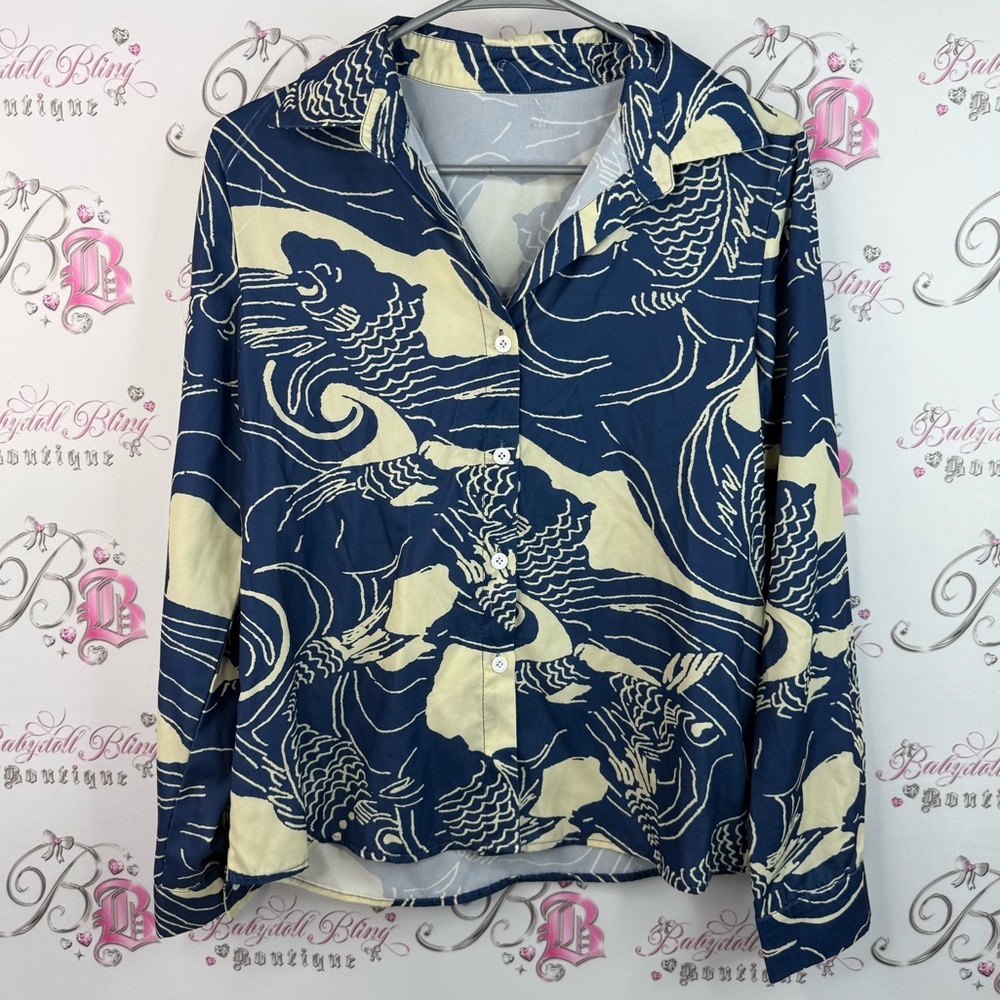 Long sleeve koi fish swirls blue Navy and Cream white collared shirt Top